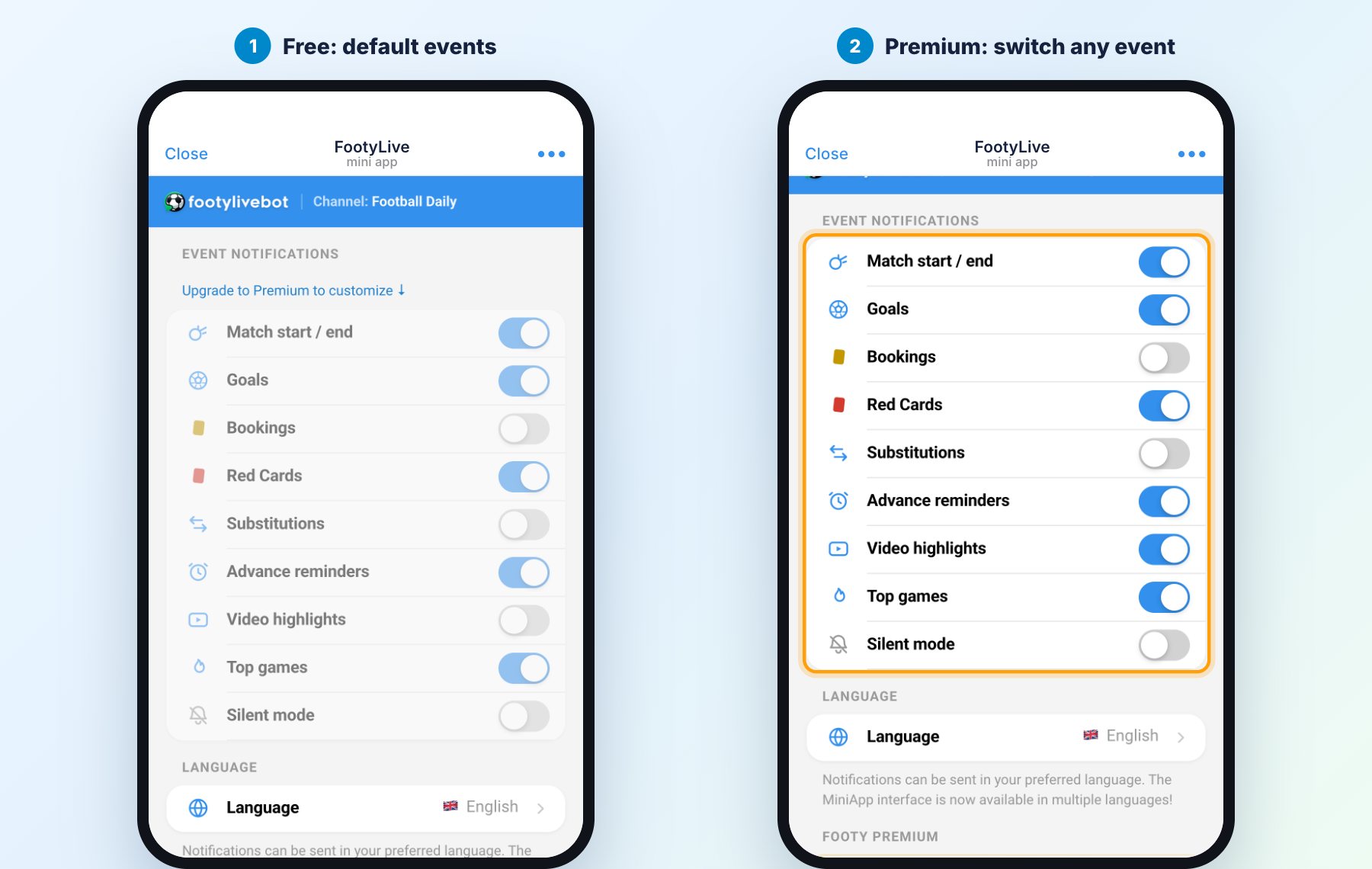 Notification settings: free defaults and Premium toggles